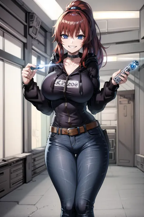 neuralyzer, holding neuralyzer, flash, blue eyes, school, red hair, ponytail, smile, jeans, school, large breasts, wide hips, hoodie, <lora:MIB Suit and Neuralyzer V2:0.6>