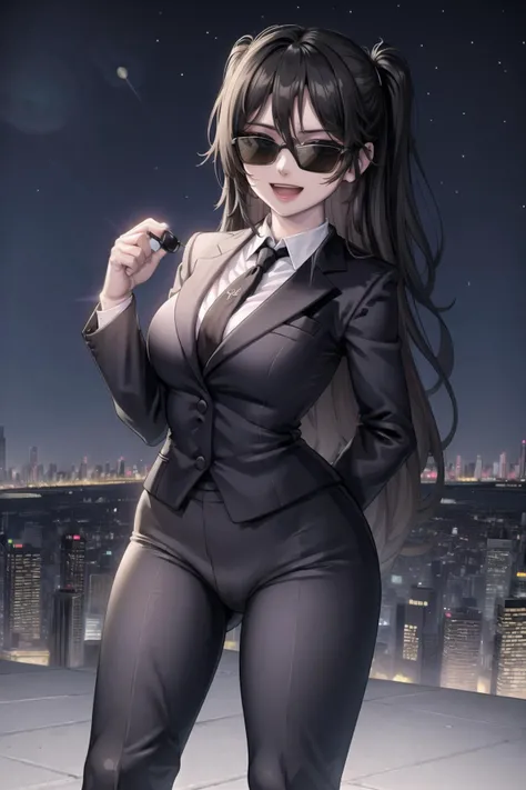 MIB suit, 1girl, large breasts, wide hips, :d, sunglasses, suit pants, suit jacket, starry sky, night, cityscape, <lora:MIB Suit and Neuralyzer V1:0.6>, <lora:fashionGirl_v50:0.6>, fashi-girl,