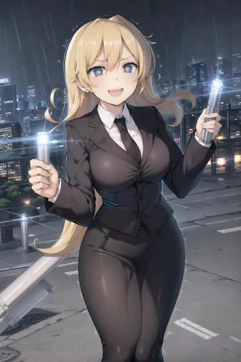 mib suit, neuralyzer, holding neuralyzer, flash, white pupils, :d, pencil skirt, large breasts, wide hips, rain, cityscape, <lora:MIB Suit and Neuralyzer V2:0.6>, <lora:senranKaguraLora_1:1>