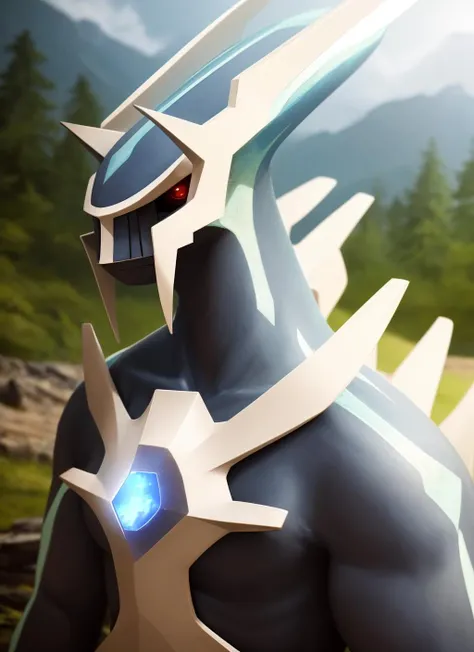 dialga, furry male, anthro, portrait, solo, (best quality), (detailed nature background:1.2), dramatic lighting, (detailed:1.1), looking at viewer, chest armor, <lora:dialga-v1:1>