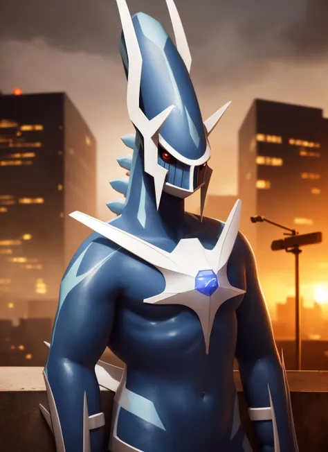 dialga, furry male, anthro, portrait, solo, (best quality), (detailed urban background:1.2), dramatic lighting, (detailed :1.1), looking at viewer, chest armor, <lora:dialga-v1:1>
