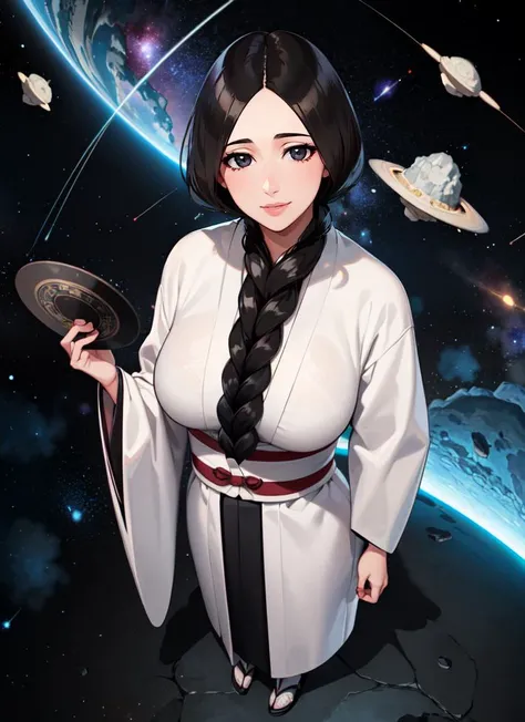 ((best quality)), ((highly detailed)), detailed face, beautiful face, , (1girl), (solo), top view, looking at viewer, full body, <lora:unohana_retsu_v1:.8>, unohana retsu, black hair, single braid, black eyes, ((mature female)), large breasts, smiling, white coat, black kimono, (outdoors, stars, galaxies, space, asteroids, space ship, dawn, rain)