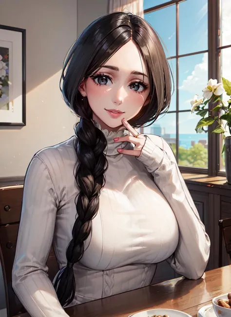 ((best quality)), ((highly detailed)), masterpiece, detailed face, beautiful face, , (1girl), (solo), <lora:slim_tall-plump_short:-1>, dynamic pose, upper body, <lora:hairdetailer:.6>, <lora:unohana_retsu_v1:1>, unohana retsu, black hair, single braid, black eyes, ((mature female)), large breasts, smiling, black ribbed sweater, long sleeves, yoga pants, (indoors, at a dining room)