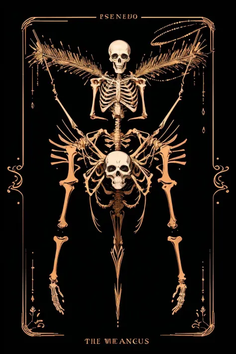 (best quality, masterpiece), (tarot, tarot card,:1.1) Death: A skeleton on horseback, symbolizing transformation, change, and new beginnings. Illustrate a scene of a person shedding the old to make way for the new. black background, golden, <lora:add_detail:1> <lora:TarotIV:0.8>