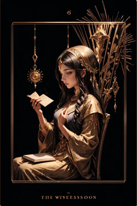 (best quality, masterpiece), (tarot, tarot card,:1.1) The High Priestess: A seated woman holding a book, representing intuition, mystery, and inner knowledge. Draw a scene of someone in deep contemplation with symbols of hidden wisdom., black background, golden, upper body, <lora:add_detail:1> <lora:TarotIV:0.8>