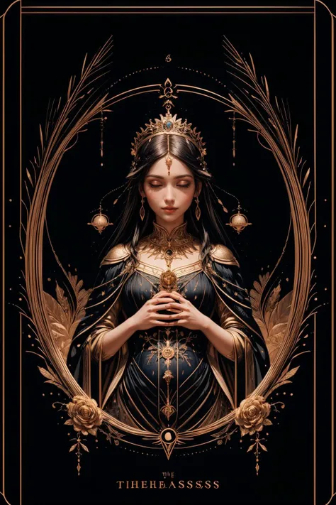 (best quality, masterpiece), (tarot, tarot card,:1.1) The Empress: A nurturing figure surrounded by abundance and fertility symbols. Illustrate a woman in a lush garden, radiating maternal energy and surrounded by nature., black background, golden, upper body, <lora:add_detail:1> <lora:TarotIV:0.8>
