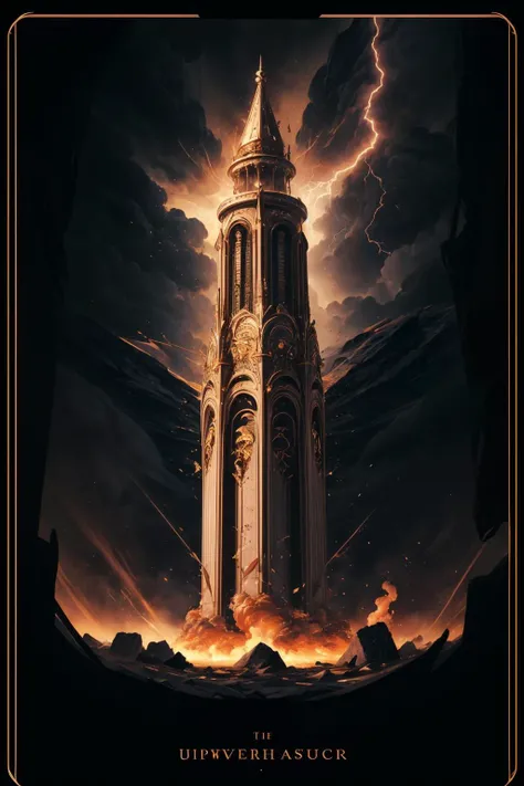 (best quality, masterpiece), (tarot, tarot card,:1.1) The Tower: A tower being struck by lightning, symbolizing sudden upheaval and revelation. Draw a scene of a transformative event that leads to enlightenment. black background, golden, (upper body:1.2), <lora:add_detail:1> <lora:TarotIV:0.8>