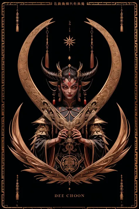 (best quality, masterpiece), (tarot, tarot card,:1.1)Design a (((Chinese demon))) that embodies the intersection of malevolence and mystique. Its features include intricate horns, ethereal scales, and eyes aflame with otherworldly wisdom. Uncover its origins within ancient Chinese folklore or its place in the celestial hierarchy. Explore its motivations, whether driven by revenge, power, or redemption. Invite writers to infuse this character with cultural nuances, making it a complex figure that resonates with the rich tapestry of Chinese mythology black background, golden, (upper body:1.2), <lora:add_detail:1> <lora:TarotIV:0.8>