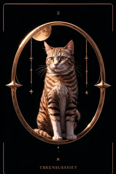 (best quality, masterpiece), (tarot, tarot card,:1.1),a cat watching the moon, black background, golden, (upper body:1.2), <lora:add_detail:1> <lora:TarotIV:0.8>