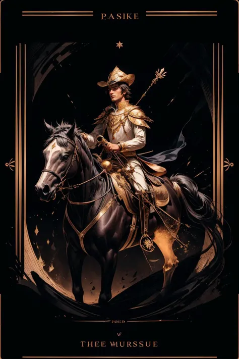 (best quality, masterpiece), (tarot, tarot card,:1.1)a ghost on horseback wearing black cap, holding death black background, golden, (upper body:1.2), <lora:add_detail:1> <lora:TarotIV:0.8>