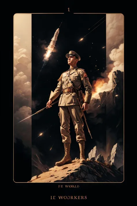 (best quality, masterpiece), (tarot, tarot card,:1.1 a world war 2 solider standing on cliff, rockets from the sky, black background, golden, (upper body:1.2), <lora:add_detail:1> <lora:TarotIV:0.8>