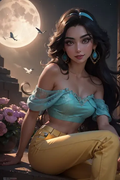 <lora:jasmineV3:0.6>jasmine  1girl, solo, looking at viewer, smile, shirt, bare shoulders, jewelry, sitting, full body, flower, earrings, pants, off shoulder, crop top, makeup, bird, border, moon, full moon, off-shoulder shirt (realistic:1.2), (realism), (masterpiece:1.2), (best quality), (ultra detailed), (8k, 4k, intricate),(full-body-shot:1), (85mm),light particles, lighting, (highly detailed:1.2),(detailed face:1.2), (gradients), sfw, colorful,(detailed eyes:1.2)(detailed background),detailed landscape, (dynamic angle:1.2), (dynamic pose:1.2), (rule of third_composition:1.3), (Line of action:1.2)