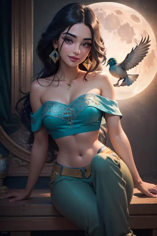 <lora:jasmineV3:0.6>jasmine 1girl, solo, looking at viewer, smile, shirt, bare shoulders, jewelry, sitting, full body, flower, earrings, pants, off shoulder, crop top, makeup, bird, border, moon, full moon, off-shoulder shirt (realistic:1.2), (realism), (masterpiece:1.2), (best quality), (ultra detailed), (8k, 4k, intricate),(full-body-shot:1), (85mm),light particles, lighting, (highly detailed:1.2),(detailed face:1.2), (gradients), sfw, colorful,(detailed eyes:1.2)(detailed background),detailed landscape, (dynamic angle:1.2), (dynamic pose:1.2), (rule of third_composition:1.3), (Line of action:1.2)