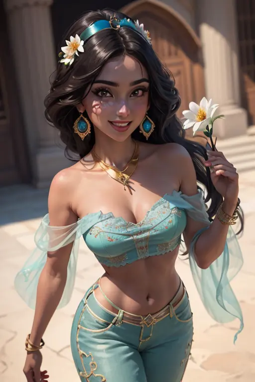 <lora:jasmineV3:0.6>jasmine 1girl, solo, breasts, smile, open mouth, navel, holding, bare shoulders, jewelry, flower, earrings, midriff, pants, necklace, off shoulder, bracelet, see-through, white flower, gem, off-shoulder shirt, holding flower, multi-tied hair, arabian clothes (realistic:1.2), (realism), (masterpiece:1.2), (best quality), (ultra detailed), (8k, 4k, intricate),(full-body-shot:1), (85mm),light particles, lighting, (highly detailed:1.2),(detailed face:1.2), (gradients), sfw, colorful,(detailed eyes:1.2)(detailed background),detailed landscape, (dynamic angle:1.2), (dynamic pose:1.2), (rule of third_composition:1.3), (Line of action:1.2)