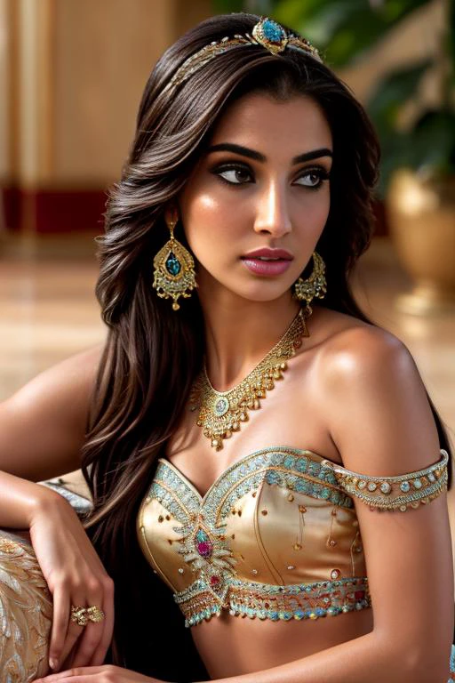 taking 25yo <lora:jasmine:0.8> jasmine, arabian clothes, navel, bare shoulders, navel, jewelry, brown eyes, midriff, earrings, necklace, see-through, white flower, gem, dark skin, (full body, photorealistic: 1.3), Sitting with legs tucked under, in Ben Hur BREAK ((photorealistic), realistic face, medium breasts), beautifully detailed woman, realistic face, detailed mouth, extremely detailed eyes_and_face, beautiful attractive face, beautiful detailed eyes, pronounced feminine feature, matte eyeshadow, eyelashes, eyeliner, perfect body, smooth skin BREAK color HD photo, BLN-L24 Camera, (full body, high quality photo, masterpiece), HDR, 8K resolution, analogue RAW DSLR, best quality, absurdres, vivid vibrant colors, skin pores, intricate detail, (intricately detailed face_and_eyes), realistic human hands, sophisticated detail, (realistic lighting, sharp focus), centerfold, bokeh, official art, 8k wallpaper, ultra high res, professional photography