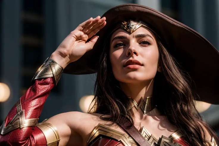 DC s,upper body,from below,photo of a 18 year old girl,wonder woman,saluting,happy,ray tracing,detail shadow,shot on Fujifilm X-T4,85mm f1.2,sharp focus,depth of field,blurry background,bokeh,motion blur,<lora:add_detail:1>,