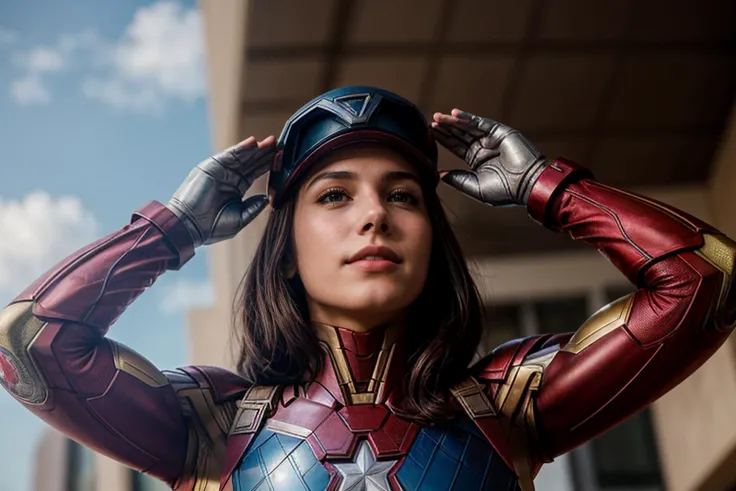 Marvel s,upper body,from below,photo of a 18 year old girl,ironman,saluting,happy,ray tracing,detail shadow,shot on Fujifilm X-T4,85mm f1.2,sharp focus,depth of field,blurry background,bokeh,motion blur,<lora:add_detail:1>,