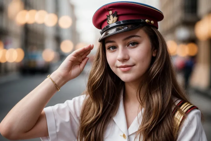 1980s,photo of a 18 year old girl,saluting,happy,ray tracing,detail shadow,shot on Fujifilm X-T4,85mm f1.2,sharp focus,depth of field,blurry background,bokeh,lens flare,motion blur,<lora:add_detail:1>,
