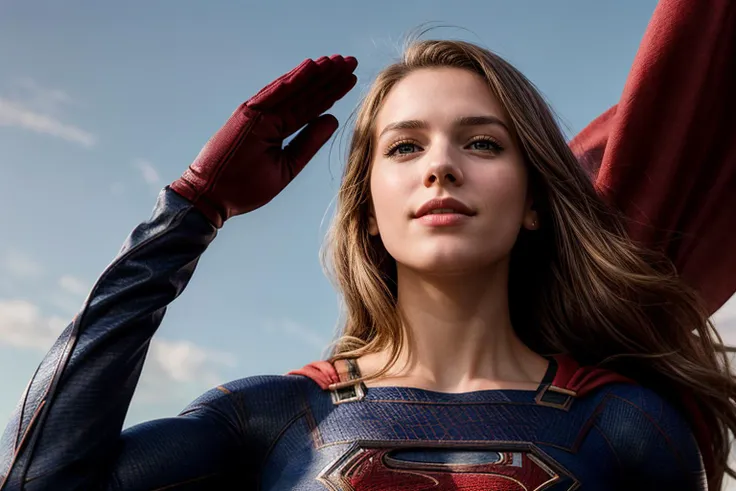 DC s,upper body,from below,photo of a 18 year old girl,supergirl,saluting,happy,ray tracing,detail shadow,shot on Fujifilm X-T4,85mm f1.2,sharp focus,depth of field,blurry background,bokeh,motion blur,<lora:add_detail:1>,
