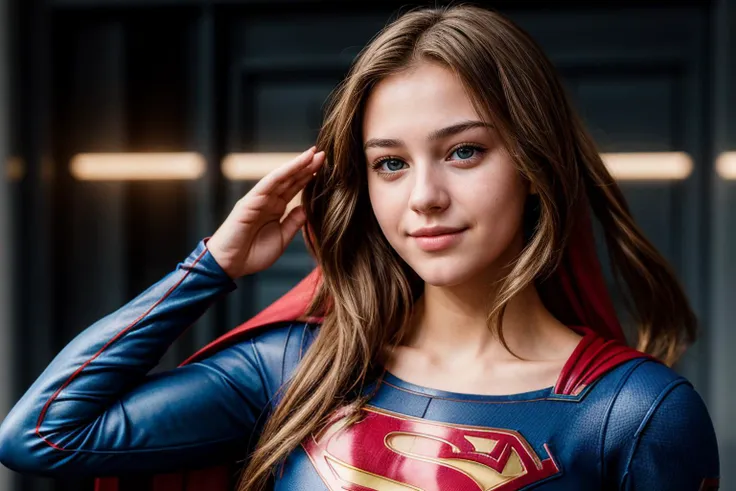 DC s,photo of a 18 year old girl,supergirl,saluting,happy,ray tracing,detail shadow,shot on Fujifilm X-T4,85mm f1.2,sharp focus,depth of field,blurry background,bokeh,lens flare,motion blur,<lora:add_detail:1>,