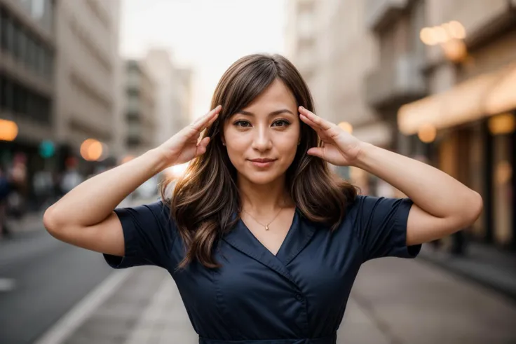 photo of a 35 year old girl,saluting,happy,ray tracing,detail shadow,shot on Fujifilm X-T4,85mm f1.2,sharp focus,depth of field,blurry background,bokeh,lens flare,motion blur,<lora:add_detail:1>,