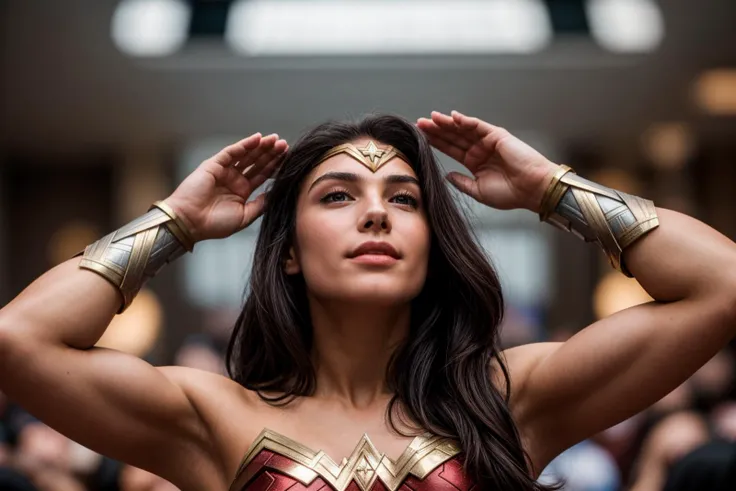DC s,upper body,from below,photo of a 18 year old girl,wonder woman,saluting,happy,ray tracing,detail shadow,shot on Fujifilm X-T4,85mm f1.2,sharp focus,depth of field,blurry background,bokeh,motion blur,<lora:add_detail:1>,