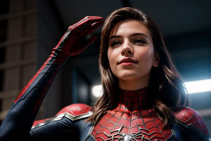 Marvel s,upper body,from below,photo of a 18 year old girl,spiderman,saluting,happy,ray tracing,detail shadow,shot on Fujifilm X-T4,85mm f1.2,sharp focus,depth of field,blurry background,bokeh,motion blur,<lora:add_detail:1>,