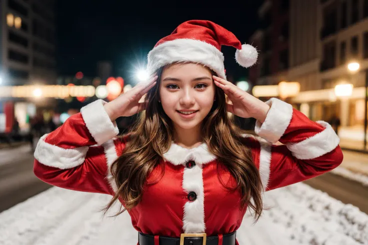 photo of a 18 year old girl,saluting,happy,Santa Clausâs outfit,Red Coat,Red Hat,White Gloves,christmas theme,Christmas tree,snowman,outdoor,windy,heavy snow,detail background,ray tracing,detail shadow,shot on Fujifilm X-T4,85mm f1.2,sharp focus,depth of field,blurry background,bokeh,lens flare,motion blur,<lora:add_detail:1>,