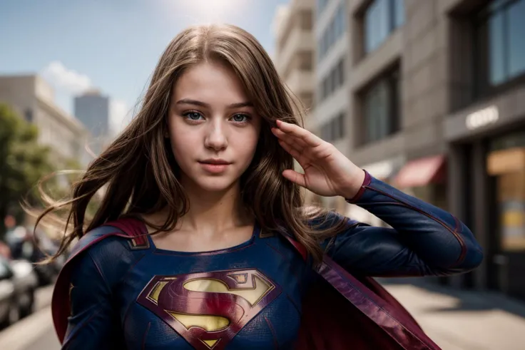 DC s,photo of a 18 year old girl,supergirl,saluting,happy,ray tracing,detail shadow,shot on Fujifilm X-T4,85mm f1.2,sharp focus,depth of field,blurry background,bokeh,lens flare,motion blur,<lora:add_detail:1>,