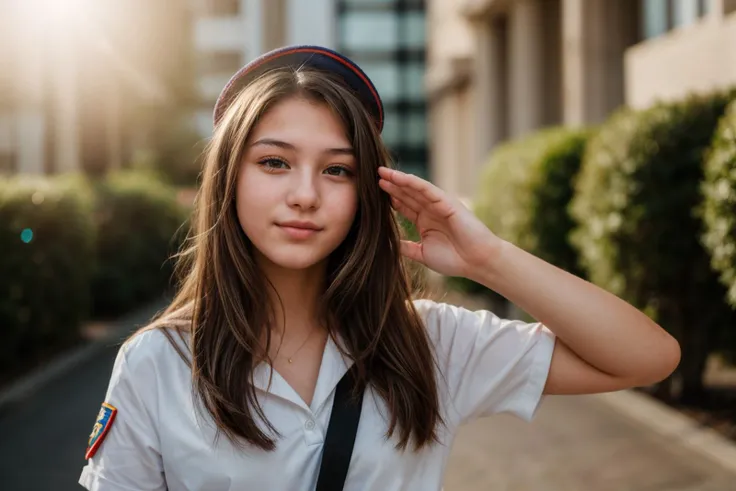 photo of a 18 year old girl,saluting,happy,ray tracing,detail shadow,shot on Fujifilm X-T4,85mm f1.2,sharp focus,depth of field,blurry background,bokeh,lens flare,motion blur,<lora:add_detail:1>,