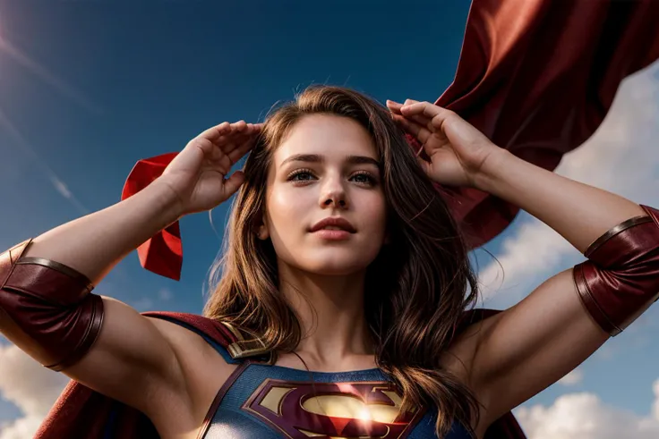 DC s,upper body,from below,photo of a 18 year old girl,supergirl,saluting,happy,ray tracing,detail shadow,shot on Fujifilm X-T4,85mm f1.2,sharp focus,depth of field,blurry background,bokeh,motion blur,<lora:add_detail:1>,