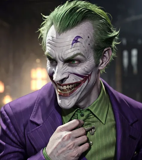 <lora:Joker(Arkhamverse):0.6>, arkham joker, 1boy, green hair, evil grin, looking at viewer, teeth, wrinkled skin, hand in pocket,