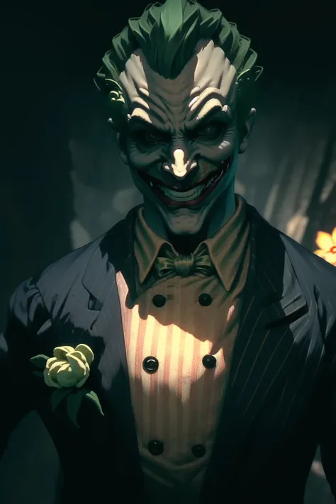 <lora:Joker(Arkhamverse):0.7>, 1boy, green hair, evil grin, looking at viewer, teeth, pinstripe pattern, arkham joker, flower