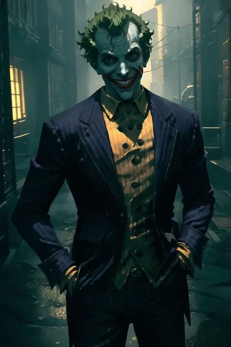 <lora:Joker(Arkhamverse):0.6>, arkham joker, 1boy, green hair, evil grin, looking at viewer, teeth, wrinkled skin, hand in pocket,