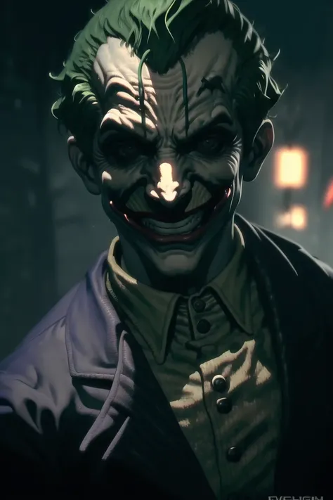 <lora:Joker(Arkhamverse):0.6>, arkham joker, 1boy, green hair, evil grin, looking at viewer, teeth, wrinkled skin,