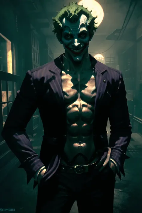 <lora:Joker(Arkhamverse):0.6>, arkham joker, 1boy, green hair, evil grin, looking at viewer, teeth, wrinkled skin, hand in pocket, abs, topless