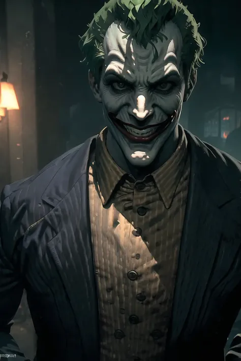 <lora:Joker(Arkhamverse):0.6>, arkham joker, 1boy, green hair, evil grin,