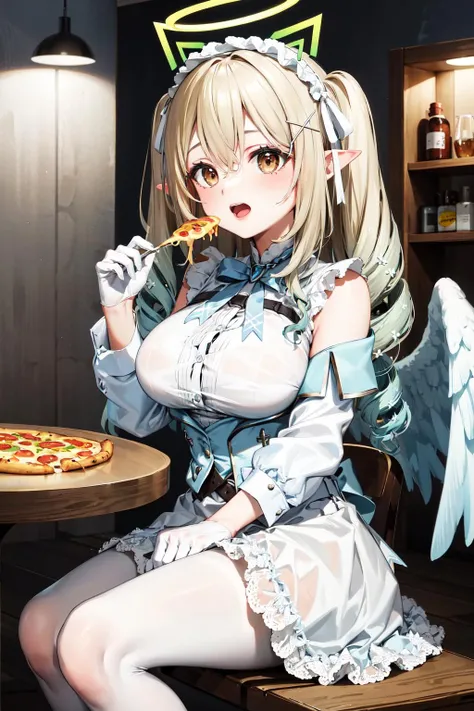 masterpiece, best quality, highres, aananase, long hair, twintails, drill hair, halo, fake animal ears, pointy ears, hairband, x hair ornament, large breasts, feathered wings, white dress, bowtie, belt, sleeveless, detached sleeves, white gloves, white pantyhose, <lora:nanase_eru_v2:0.7>, sitting, food, eating, open mouth. pizza, table, chair, indoors