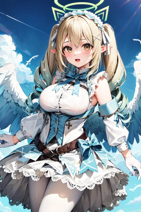 masterpiece, best quality, highres, aananase, long hair, twintails, drill hair, halo, fake animal ears, pointy ears, hairband, x hair ornament, large breasts, feathered wings, white dress, bowtie, belt, sleeveless, detached sleeves, white gloves, white pantyhose, <lora:nanase_eru_v2:0.7>, fly, blue sky, cowboy shot