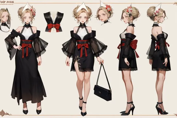 reference sheet,multiple view,standing,full body,tall,small head,concept art,standing,turnaround,character profile,official art,Multiple views of the same character in the same outfit,<hora:charturnerbeta:0.1>,(finely detailed eyes and detailed face:1.3),((grid girl, race queen)),(nun:0.9),adult woman,female,(wide hips),(tsurime:1.3, eyeliner, sharp eyelashes:1.2, solid eyelid),absurdly long hair,messy hair,sexy face,hair flower,double bun,unkempt,hair ornament,hair ribbon,chocker,white kimono,pattern kimono,red backless_dress,hrug /(clothing/),bare shoulder,(lace trim:1.2),highleg,white headwear,see-through,harness,chest harness,(high heels, shoes),Medium length skirt,