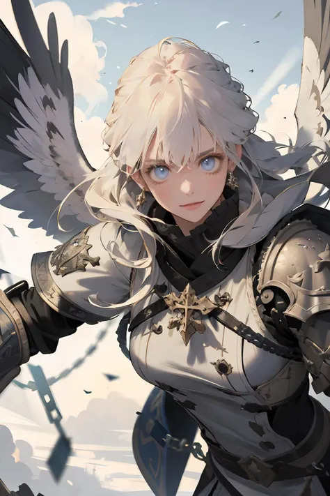 (absurdres, highres, ultra detailed), 1girl, solo, extremely detailed eyes, colorful, highest detailed, portrait,  looking at viewer, solo, upper body, detailed background, (light fantasy theme:1.1), angelic face, determined smile, fighter, hovering in air, bright clouds, floating scraps, fighting stance, color chain mail, divine ray of light, bright realistic lighting, icy tundra, epic atmosphere, circlet, coat of arms, tabard, brazier,