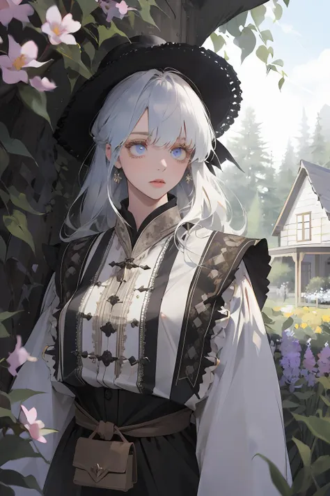 (absurdres, highres, ultra detailed), 1girl, solo, extremely detailed eyes, colorful, highest detailed, frankish,  looking down, solo, half shot, detailed background, colorful (cottagecore theme:1.1),  pastoral, dark muted color clothing, folk clothes, loose peasant clothes, (simple belt:0.5), simple flower garden, hedge, blooming flowers, sun flare,    side pouch,  (hills:0.7),  mystical lighting, ethereal atmosphere, dark shadows, magical, omen,