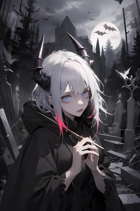 (absurdres, highres, ultra detailed), 1girl, solo, extremely detailed eyes, colorful, highest detailed, (skeletal undead:0.6), pale skin, portrait, (bloody scars:0.7), looking at viewer, solo, upper body, dynamic pose, detailed background, madness in eyes, hovering in the air, succubus, corrupted, eye shadow, dim lighting, casting a spell, fireball, dark robe, satanic horns, derelict graveyard, sinister atmosphere, gothic theme, bats, death, decadence, summoning circle,