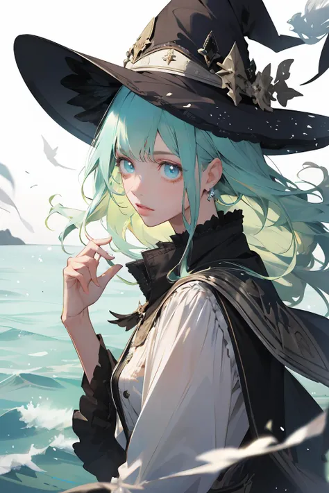 (absurdres, highres, ultra detailed), 1girl, solo, extremely detailed eyes, colorful, highest detailed, portrait, looking down, solo, half shot, detailed background,   witch hat, witch, magical atmosphere, hair flowing in the wind, green trimmed light colored clothes, dynamic pose, colorful  glowing magic spell in the air,  dark magic, (style-swirlmagic:0.8), floating particles, ocean shore background,