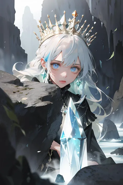 (absurdres, highres, ultra detailed), 1girl, solo, extremely detailed eyes, colorful, highest detailed, (style-swirlmagic:1.0), looking at viewer, solo, (full body:0.6), detailed background, close up, cold detailed face, (victorian theme:1.1), crystal sorcerer, sitting, elemental rock themed clothes, crystal crown, crystals floating in the air, glowing magical rocks, surrounded by green crystals, pyrite, rock formations, stalactites, magical floating particles, crystal sphere, icy canyon background, (shallow water:0.7), intense cinematic ethereal atmosphere, backlighting, updraft,
