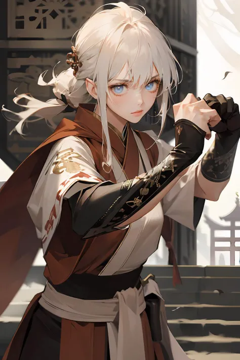 (absurdres, highres, ultra detailed), 1girl, solo, extremely detailed eyes, colorful, highest detailed, looking at viewer, solo, (full body:0.6), detailed background, detailed face, (imperial china theme:1.1), monk, dynamic pose, fighting stance, clenched fist, fingerless gloves, wristwraps, elemental themed clothes, monk robes, eastern temple stairs in background, dust cloud, depth of field, dynamic composition, mystical eastern medieval atmosphere,