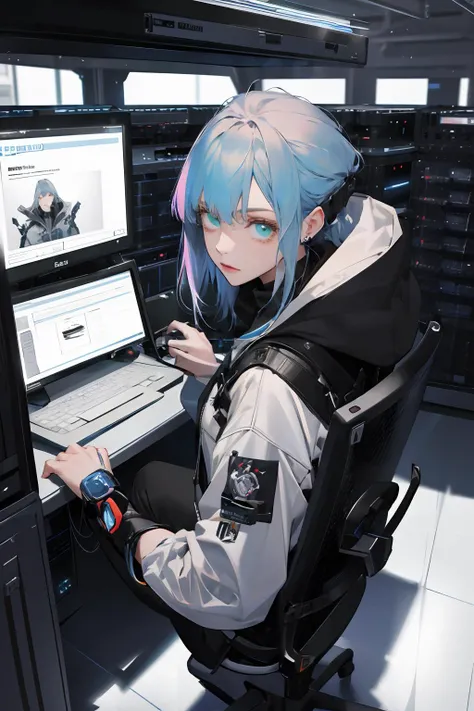 (absurdres, highres, ultra detailed), 1girl, solo, extremely detailed eyes, colorful, highest detailed, looking at viewer, solo, (full body:0.6), detailed background, detailed face, (watchdogs theme:1.1) evil high-tech futuristic hacker, advanced technology, hoodie, techwear, wearable device, keycard, electronics, (holographic display:1.05), access denied, numbers, computer, server room in background, green lights, stealth, dark sinister atmosphere, shadows,
