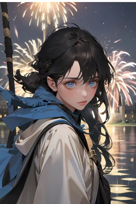 (absurdres, highres, ultra detailed), 1girl, solo, extremely detailed eyes, colorful, highest detailed, portrait, looking down, solo, half shot, detailed background, detailed face, (Hogwarts theme:1.1), Hogwarts student, concentrating, (ravenclaw:1.1), robe, (style-swirlmagic:1.0), surrounded by water, whirlwind of water, <lora:WatervfxCreateMore_v1:0.4>, quidditch pitch in background, night sky, fireworks, golden snitch, ethereal atmosphere, backlighting,