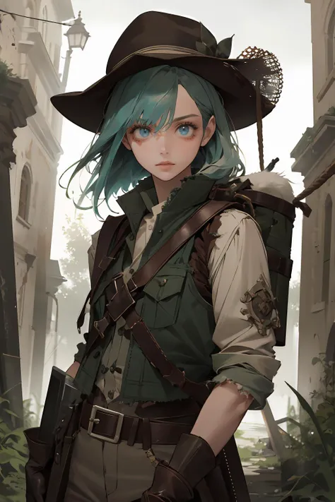 (absurdres, highres, ultra detailed), 1girl, solo, extremely detailed eyes, colorful, highest detailed,  solo, half shot, detailed background, detailed face, (renaissance theme:1.1), explorer, exploring, dynamic pose,  tattered frayed leather clothes, vest, indiana jones hat,  rope,  straps, belt, gloves, (leather pouches:0.4),   dark dungeon background,  moss, mold,  long forgotten relics, dark cinematic atmosphere,  shadows, dim light,