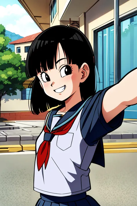 masterpiece,
<lora:panGT:0.6> 1girl, solo, short black hair, (black eyes),
school uniform, skirt,
selfie, sunlight, smile, raised eyebrows, teeth,
street, outdoors,